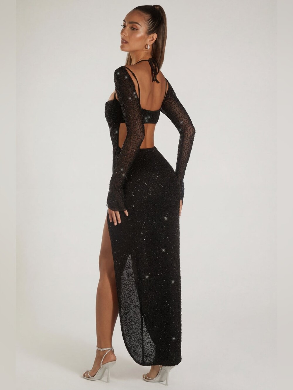Oh Polly Champel Embellished Cowl Neck Maxi Dress in Black - Picture 2 of 15